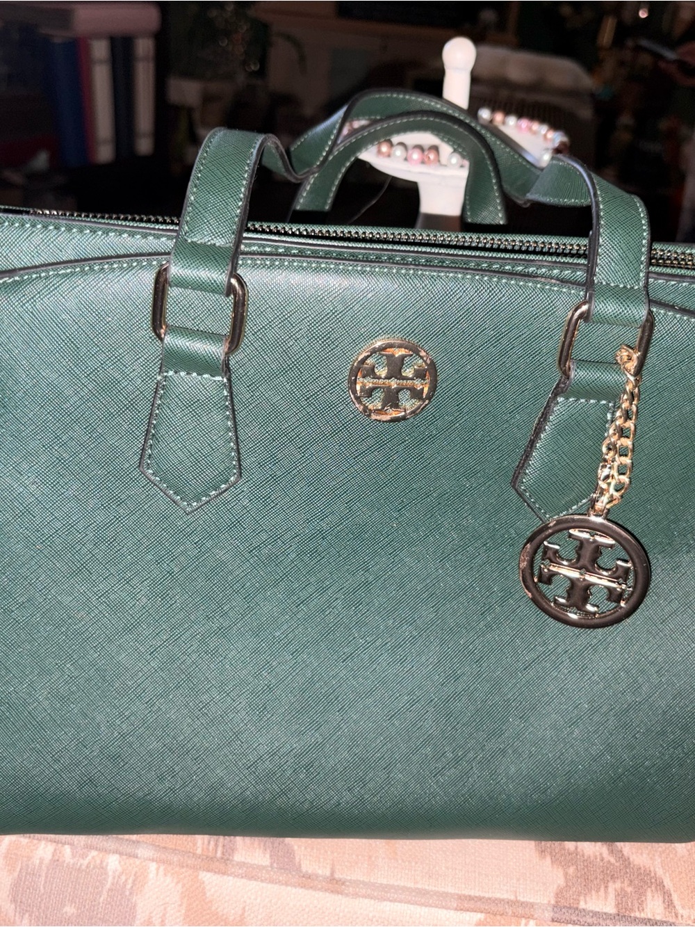 Tory Burch Emerald Green Saffiano Leather Satchel with Logo Charm